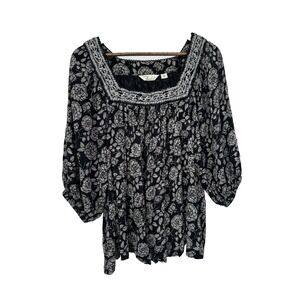 Caffe Marrakesh Black Floral Square Neck Boho Peasant Blouse Lace Trim Puff L